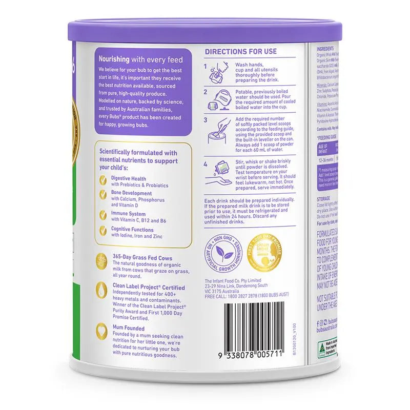 Bubs Organic Cow Milk Powder (12 to 36 months) 800g