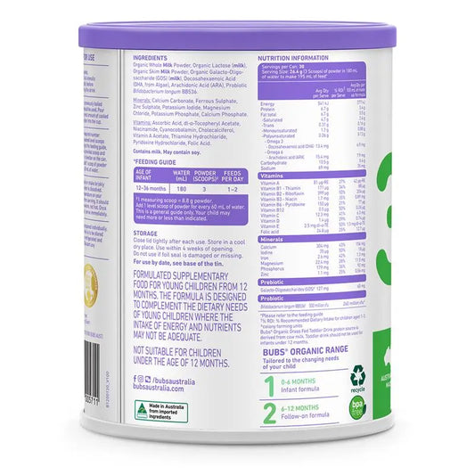 Bubs Organic Cow Milk Powder (12 to 36 months) 800g