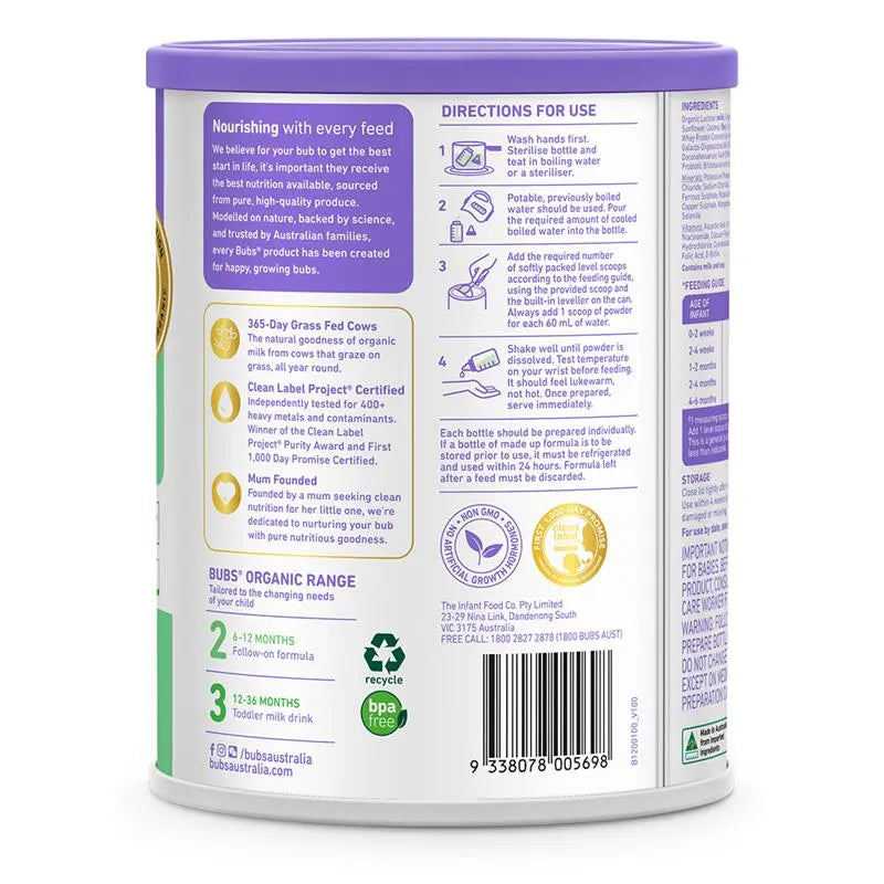 Bubs Organic Cow Milk Powder (6 to 12 months) 800g