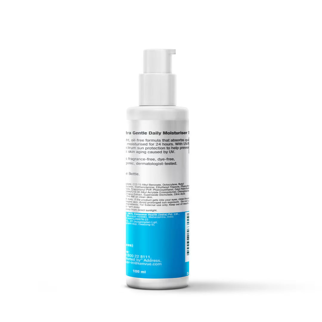 Skincare bottle with white pump and blue label on a white background