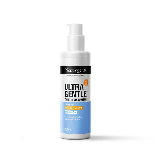 A 190mL bottle of Neutrogena Ultra Gentle Daily Moisturiser SPF 30, featuring a white pump dispenser and a label with black, white, and light blue sections.