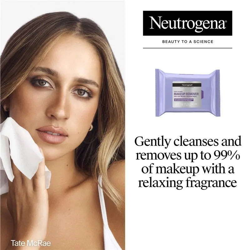 Neutrogena makeup remover packaging with a model using it, featuring the brand's logo and product description.