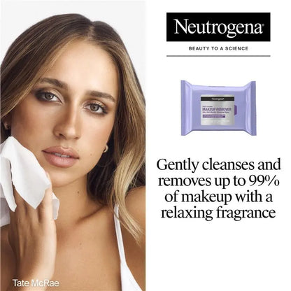 Neutrogena makeup remover packaging with a model using it, featuring the brand's logo and product description.