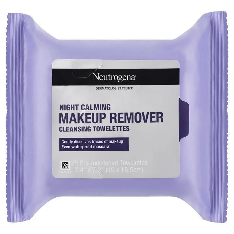 Neutrogena Night Calming Makeup Remover cleansing towelettes packaging on a white background