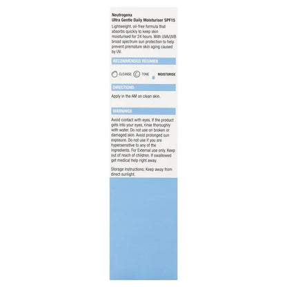 Neutrogena Ultra Gentle Daily Moisturizer SPF 15 packaging with text on a white background